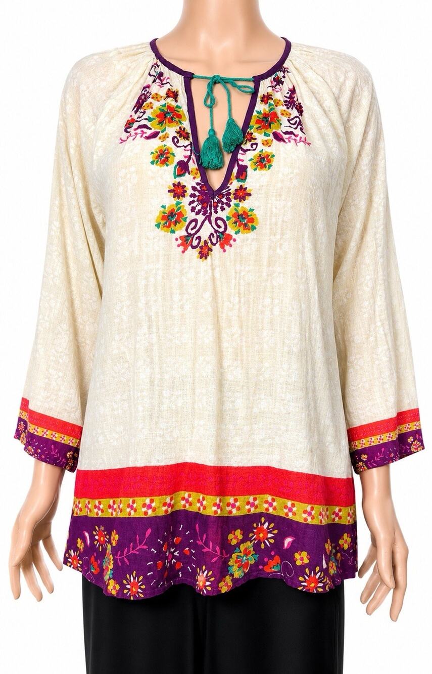 Live Happy Natural Life Boho Tunic Top Women S 100% Cotton Embroidered India
